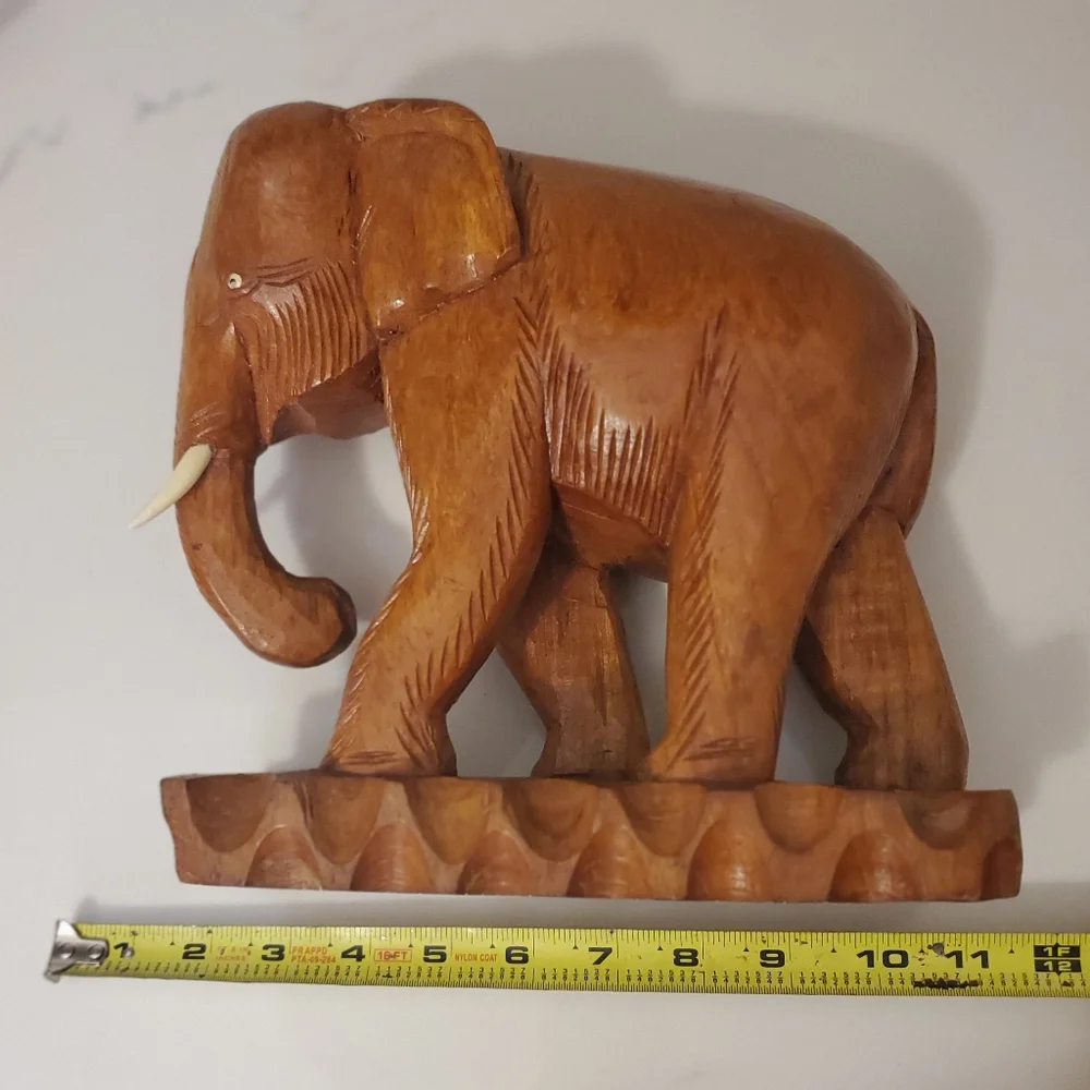 Vintage Large Teak Wooden Elephant With Tusks Hand Carved Solid Wood
